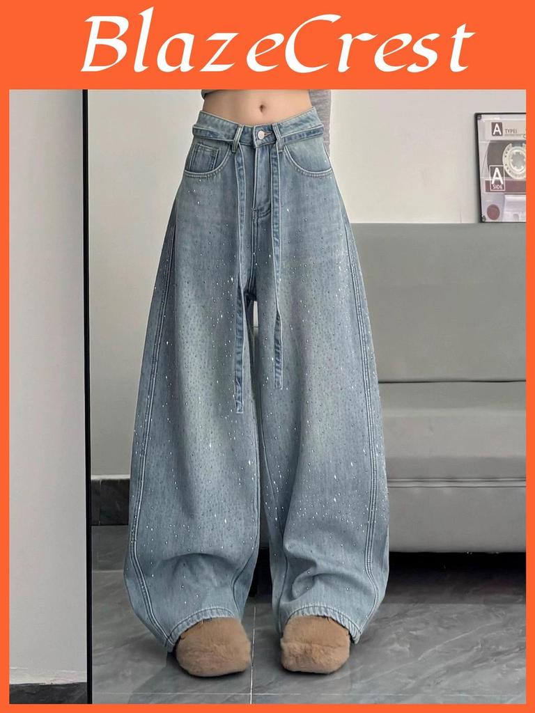 American Sparkle Pants Rhinestone Denim For Women – 2026 Autumnwinter Wideleg Floorlength Jeans