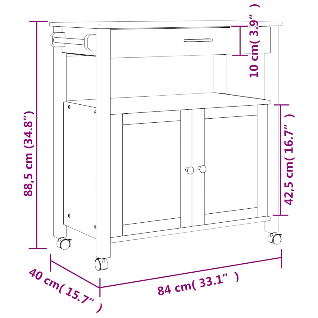 Kitchen Trolley MONZA 84 x 40 x 88.5 cm Solid Pine Wood