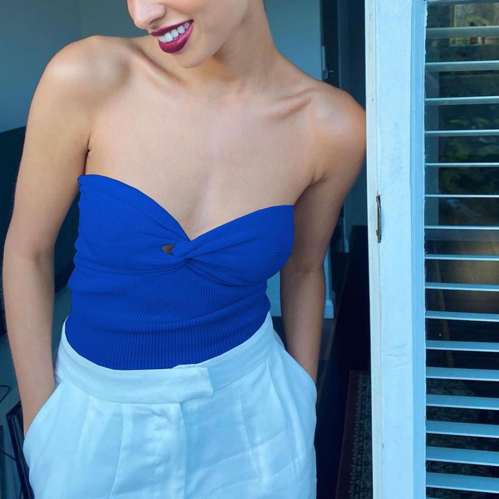 Spring Summer Women Solid Color Deep V Neck Cross Knit Strapless Vest Chic Tank Tops