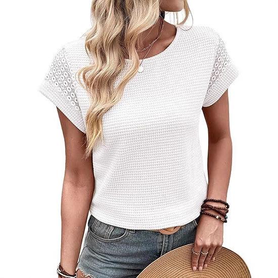 2026 New Women's Waffle Lace Short Sleeve Round Neck Casual Loose T-Shirt