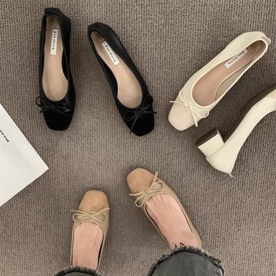 Вечерние туфли-лодочки с нежным бантом, одинарные, черные балетки для работы, осенние и осенние туфли французского стиля для женщин с юбкой, на высоком каблуке