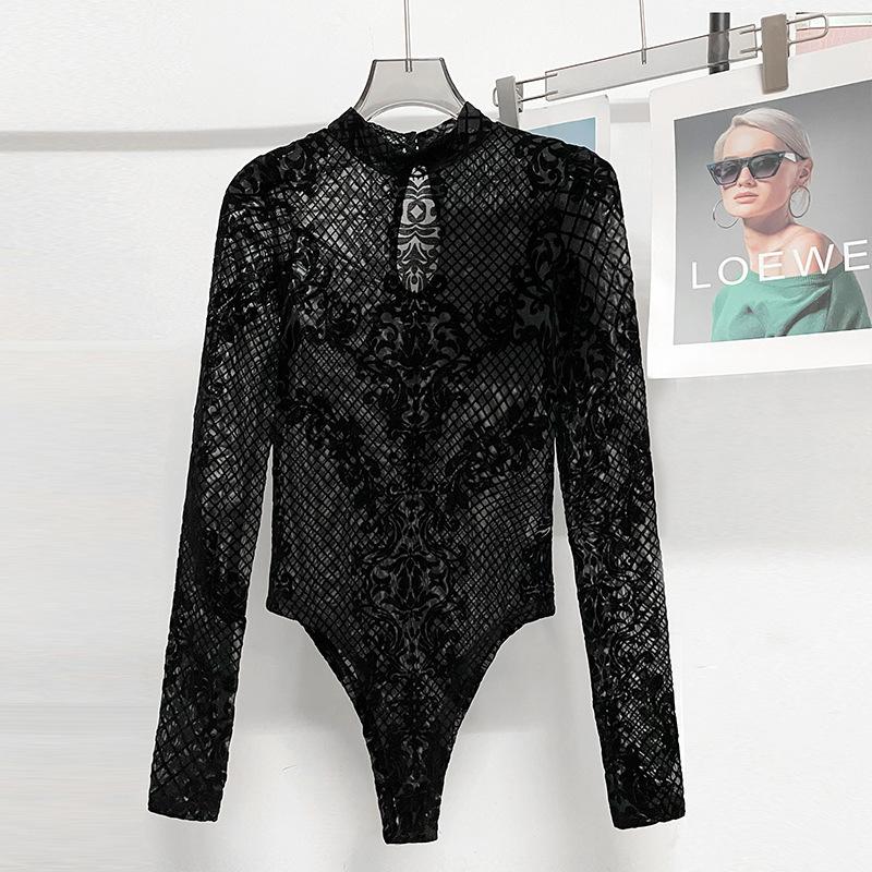 Women's Lace Sheer V Neck Long Sleeve T Shirts Tops Bodysuit Jumpsuit Bodycon Rompers Fall Clothes Clubwear Bodysuits