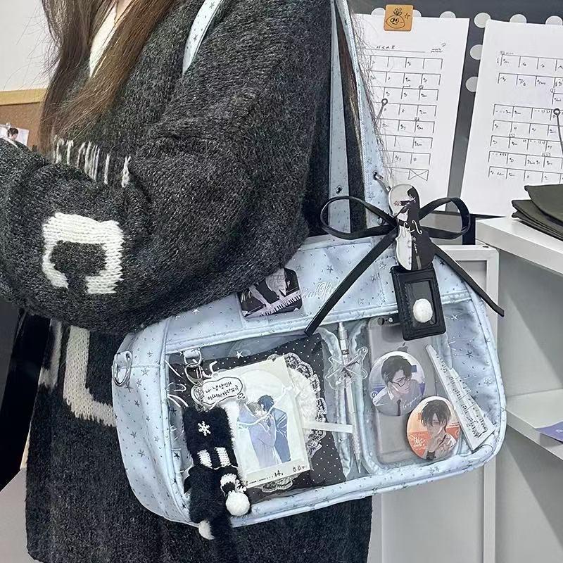 Сумка через плечо с принтом и вышивкой звезд Japanese Harajuku Милая Ita Bag Прозрачный карман Сумка для DIY-дисплея Y2k Девочки Повседневная сумка