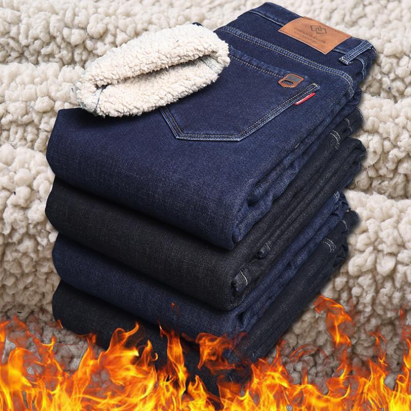 Джинсы мужские из овечьей шерсти, утолщенные, зимние, узкие, прямые, деловые, повседневные, джинсовые мужские брюки