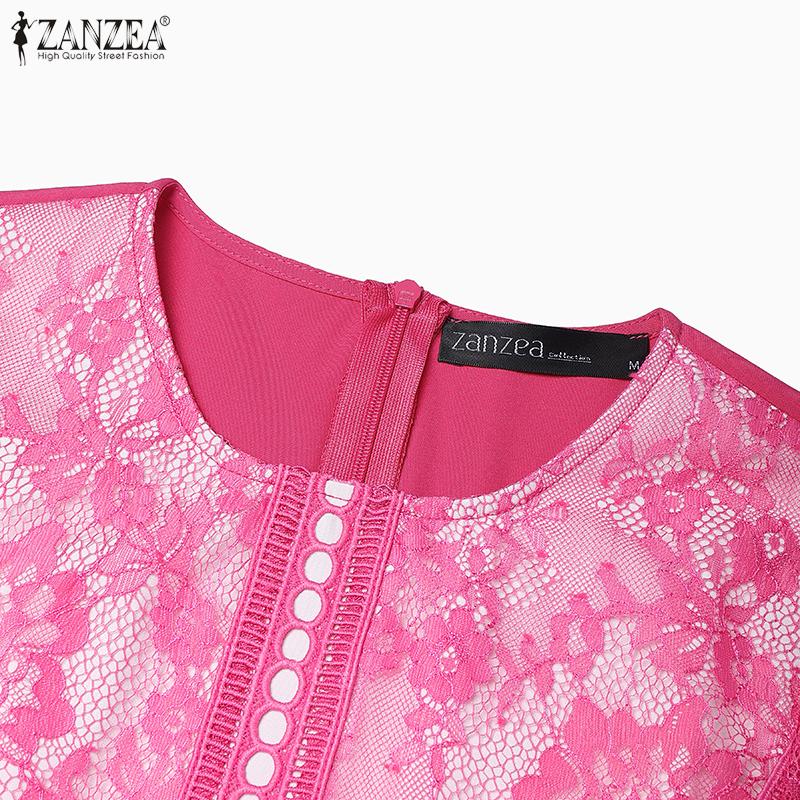 ZANZEA Women Casual Round Neck Short Sleeve Summer Lace Patchwork Dress