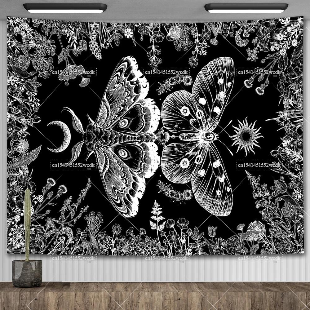 Гобелен со скелетом и бабочкой, черно-белый череп, грибной гобелен, хиппи, эстетический декор комнаты, настенные фоновые полотна