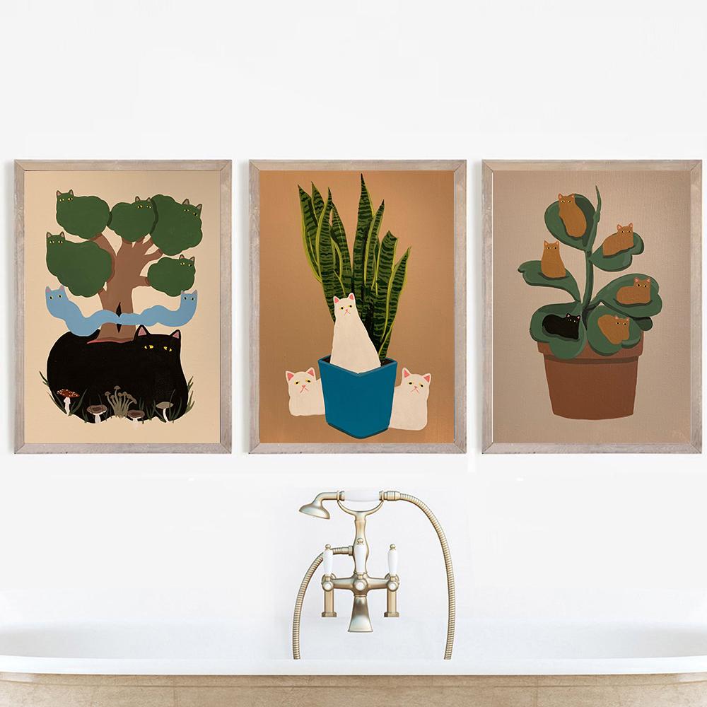 Cat with Plants Canvas Prints Painting Posters Abstract Cat Modern Nordic Wall Pictures Art for Kids Room Bedroom Home Decor