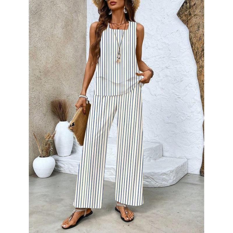 New spot European and American women's clothing hot-selling sleeveless double-layer vest pants set T-shirt