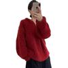 Korean Red Lambswool Brushed Half-Zip Hooded Knit Pullover Sweater for Women - Autumn/Winter Fashion.