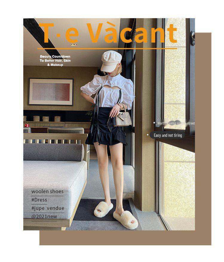 Женские меховые тапочки большого размера 42 - теплые уличные модные слипоны на осень и зиму