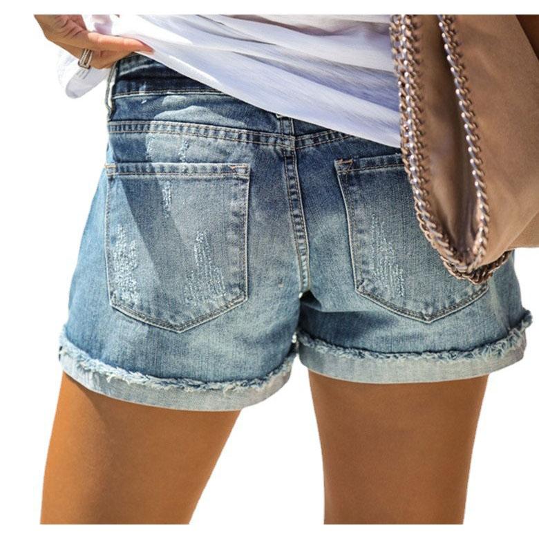 Fashion Broken Holes Splicing Cloth Denim Shorts Women Folded Legs Three Quarter Pants Female Casual Trend Streetwear Mini Jeans