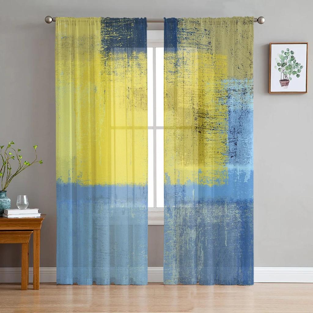 Luxury Tulle Curtains Color Painting Modern Living Room Kitchen Chiffon Curtain Youth Bedroom Sheer Floor Valance Curtain