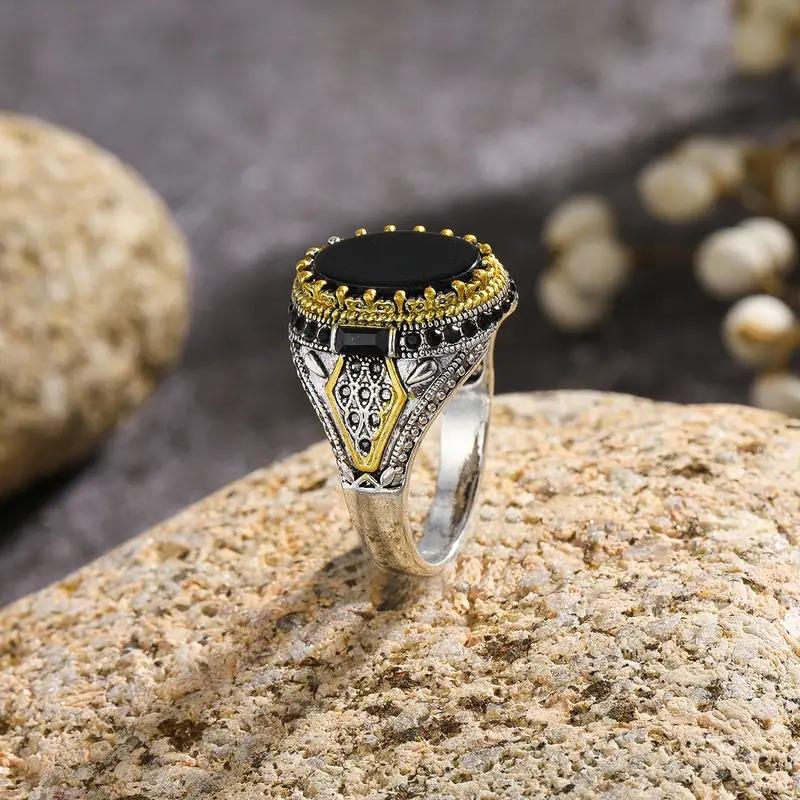 Ретро турецкое кольцо с печаткой ручной работы, винтажное мужское старинное посеребренное кольцо с узором, инкрустация, черный циркон, вечерние, панк, моторное байкерское кольцо