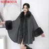 Batwing Sleeves Poncho Women Overcoat Long Cloak Winter Big Pendulum Faux Rabbit Fur Collar Cardigan Cape Loose Streetwear Coat
