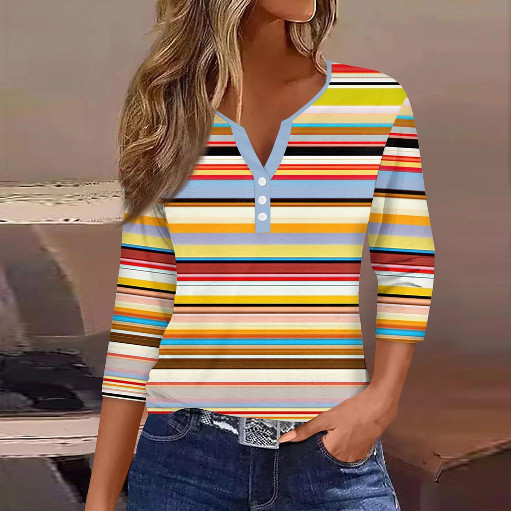 Women's Fashion Casual Striped Print V-Neck Decorative Button Three-quarter Sleeve T-Shirt Top