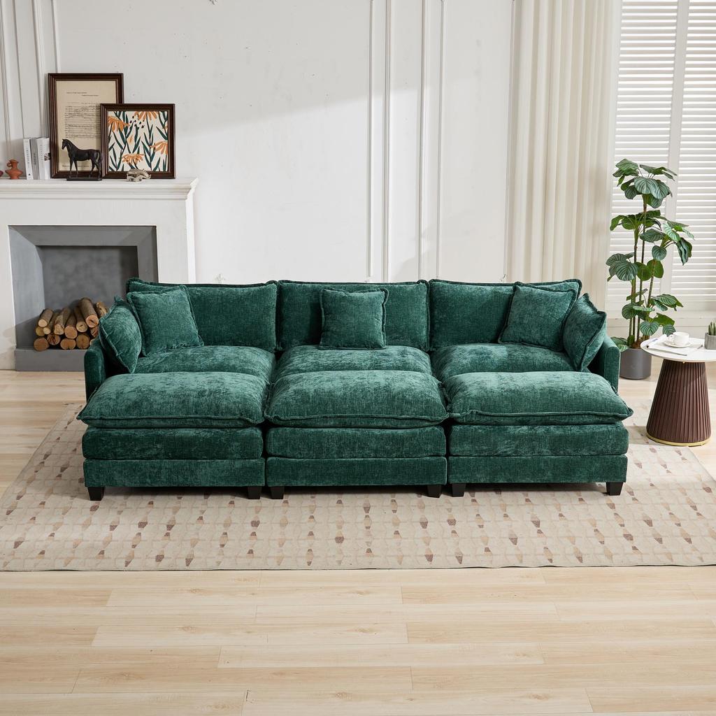 Cloud Sofa 3 Seats (Ottoman is not included), Sectional Couch, Double Layer Upholstered Seat Cushion, Breathable Chenille Fabric,Green,DEFO5013GN