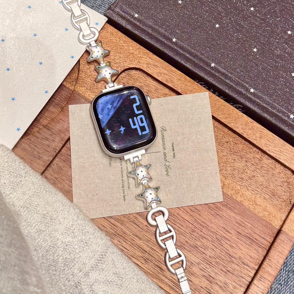 Милый Металлический Ремешок-Цепочка со Звездами для Apple Watch Серии 1‑11 SE Ultra 38‑49 мм Женский Ремешок на Запястье