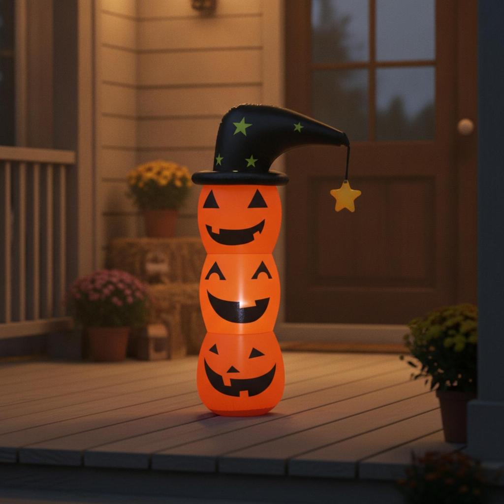 Inflatable Pumpkin with Witch Hat Spooky Stacked Jack-O'-Lantern Eye-Catching