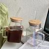 1/4 Piece 17.4 Oz/510 Ml Glass with Bamboo Lid and Straw, Iced Coffee Cup, Summer Wine Set, Birthday Gift, Suitable for Cafes