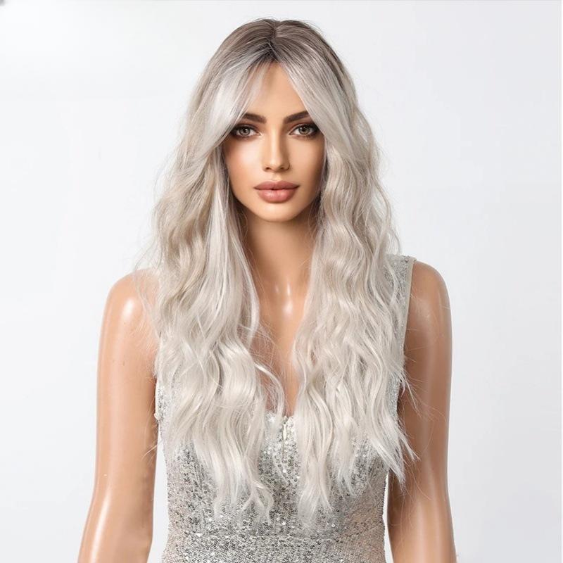 Стиль Постепенное изменение Платиновая челка из восьми символов Подстриженное лицо Длинные вьющиеся волосы Натуральный ленивый модный парик Полная прическа
