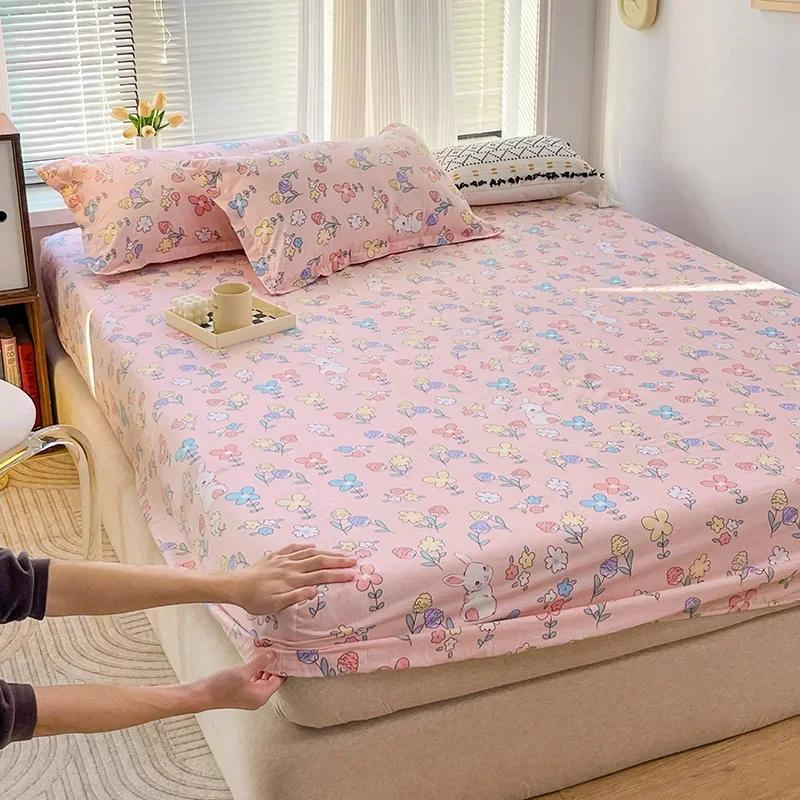 Зеленый клетчатый узор Набор простыней на резинке Любовь Сердце Защитный чехол для матраса 3 предмета Хлопковый постельный комплект Дышащий, приятный для кожи