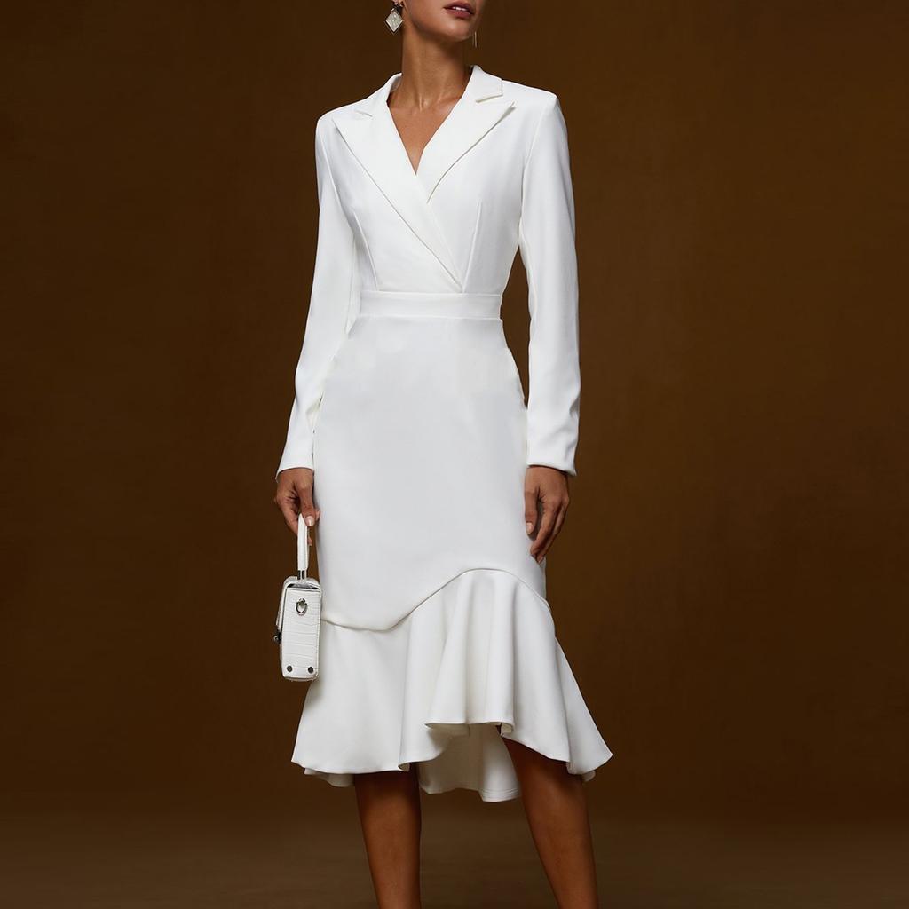 Женственная Модная Элегантность Однотонное Платье Бодикон с Длинными Рукавами, Воротником-Стойкой, Подчеркивающее Талию, Приталенное, с Юбкой Годе