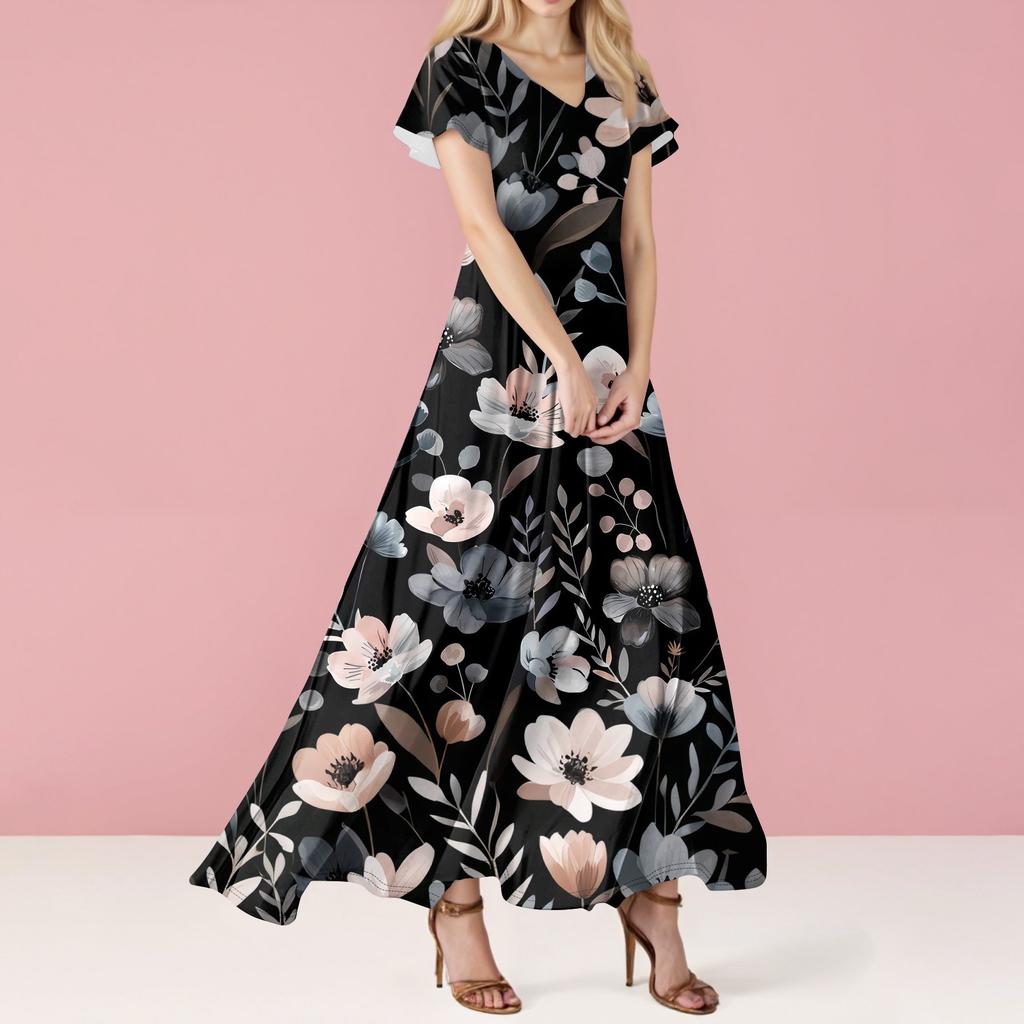 Women's Casual Fashion Print Long Dresses V-Neck Short Sleeve Dresses