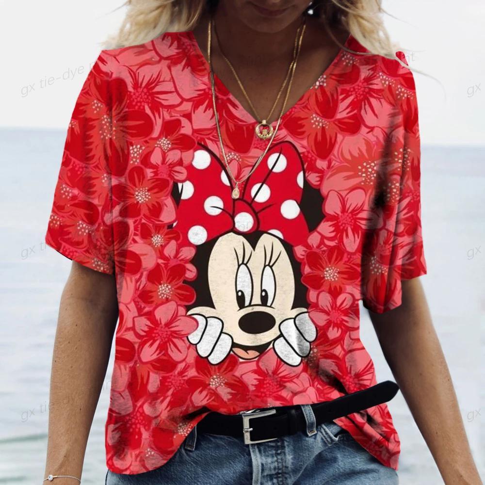 Новые женские винтажные футболки с принтом Микки Мауса Disney, женские топы, пуловеры с V-образным вырезом, повседневная уличная одежда, топы с коротким рукавом, лето