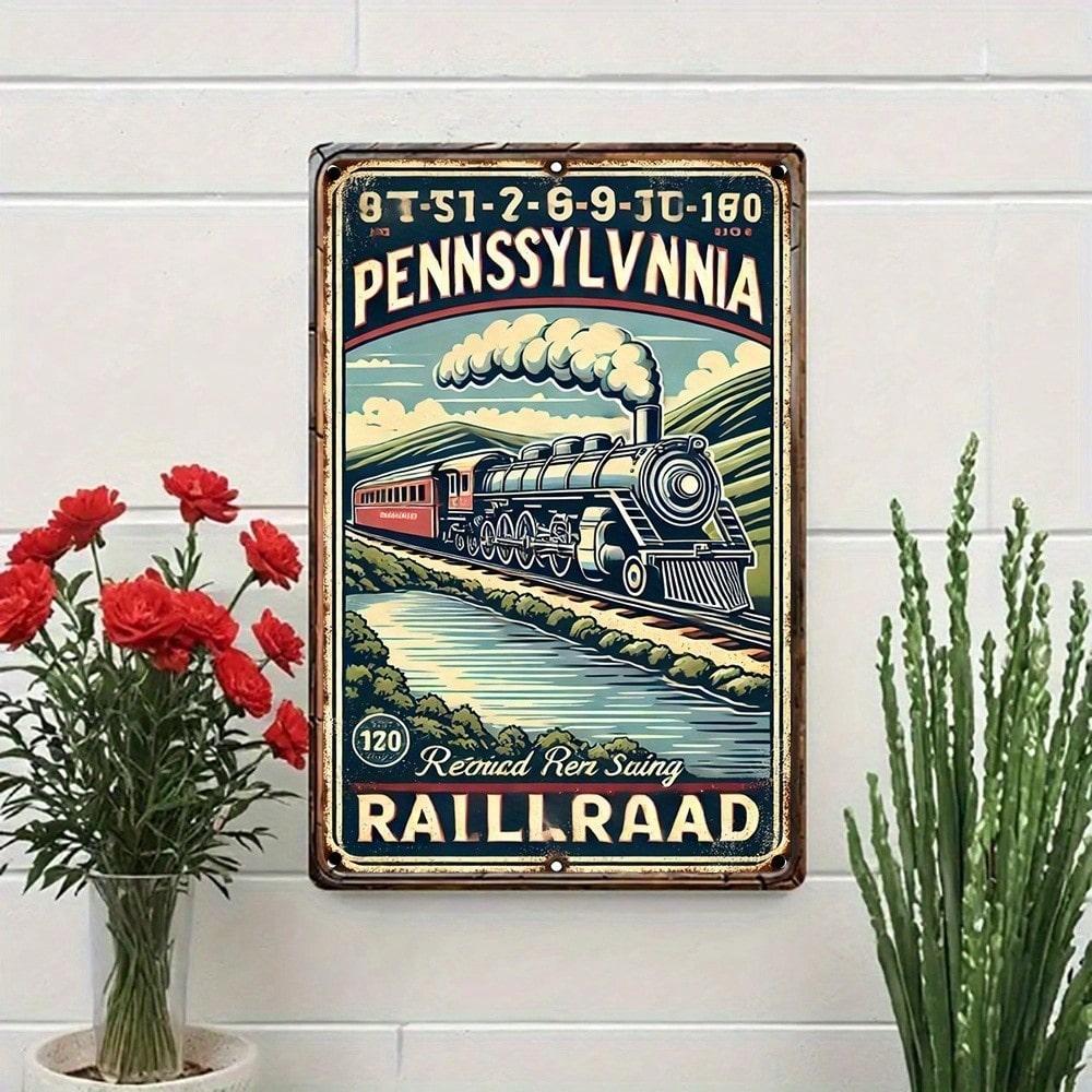Винтажная жестяная табличка Pennsylvania Railroad Ретро Пейзаж с поездом Настенный Декор Металлическая Пластина