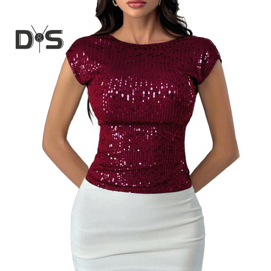 Женская футболка с круглым вырезом и коротким рукавом, топы с пайетками, открытая спина, облегающий крой, сексуальные топы для вечеринок, повседневная одежда