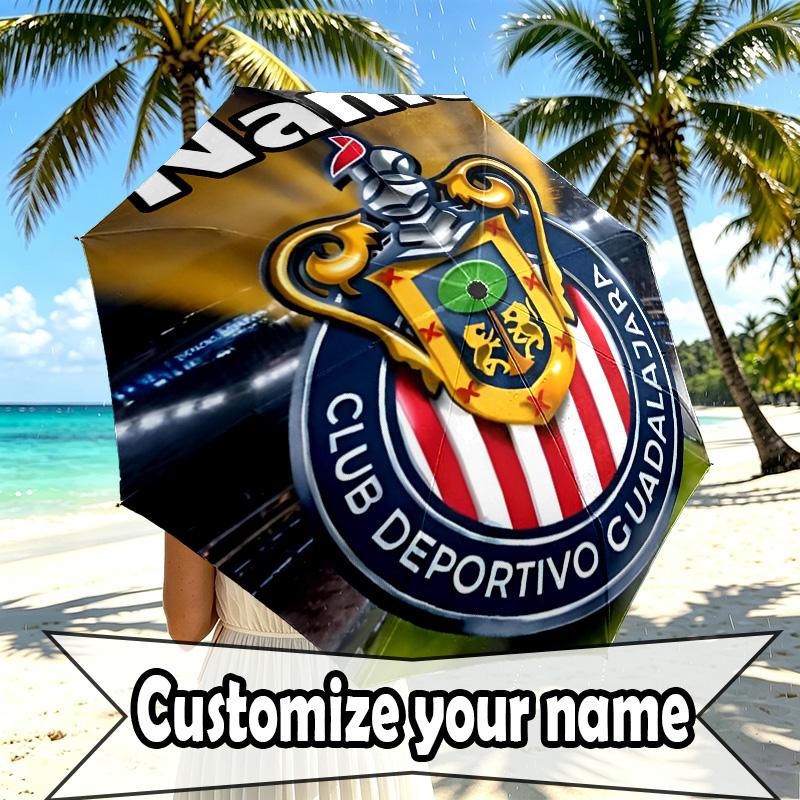 Custom Name Personalized Club Deportivo Guadalajara Print Umbrella, Auto Open Close, 8‑Rib Sturdy Frame, Commute Camping Hiking Use, Birthday Gift