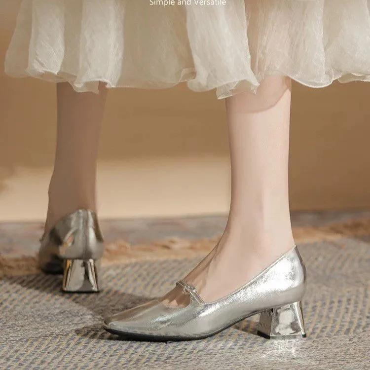 Серебристо-белые туфли на высоком каблуке, свадебные туфли для невесты, туфли Мэри Джейн, квадратный носок, квадратный каблук, туфли-лодочки, обувь для улицы, обувь с мелким вырезом для женщин