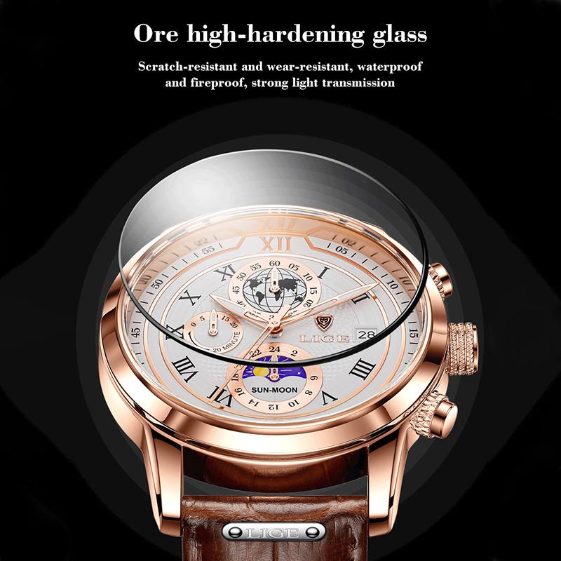 LIGE Модные мужские часы, роскошные деловые часы для отдыха, кварцевые часы с кожаным ремешком, светящийся водостойкий автоматический код даты и времени