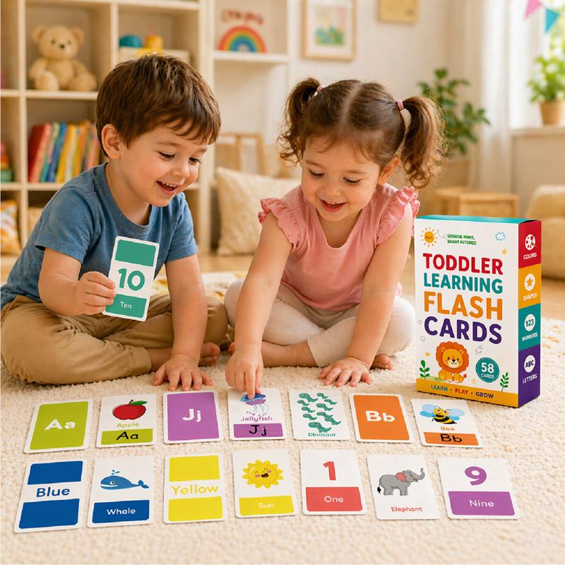 58PCS 26 Alphabet English Learning Numbers Colors Shapes Flash Cards for Ages 2-4 Years Early Education Vocabulary Cards