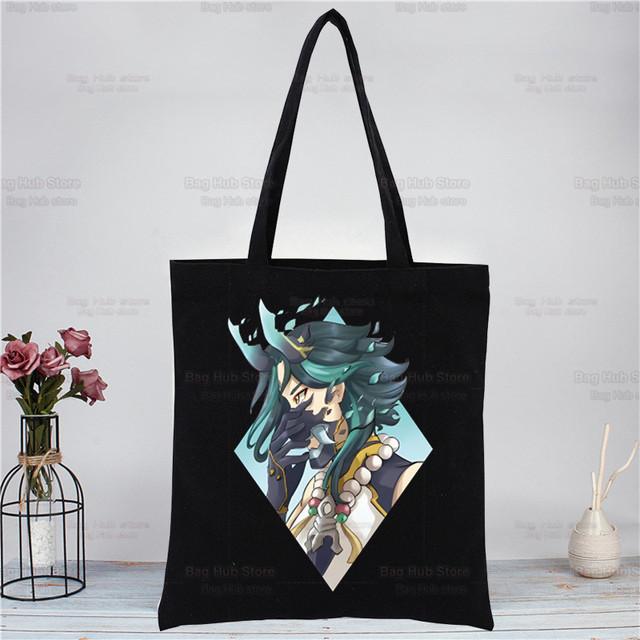 Genshin Impact Xiao аниме-игровые сумки, тканевая холщовая большая сумка, черная сумка для покупок, путешествий, женские эко-многоразовые сумки на плечо для покупок