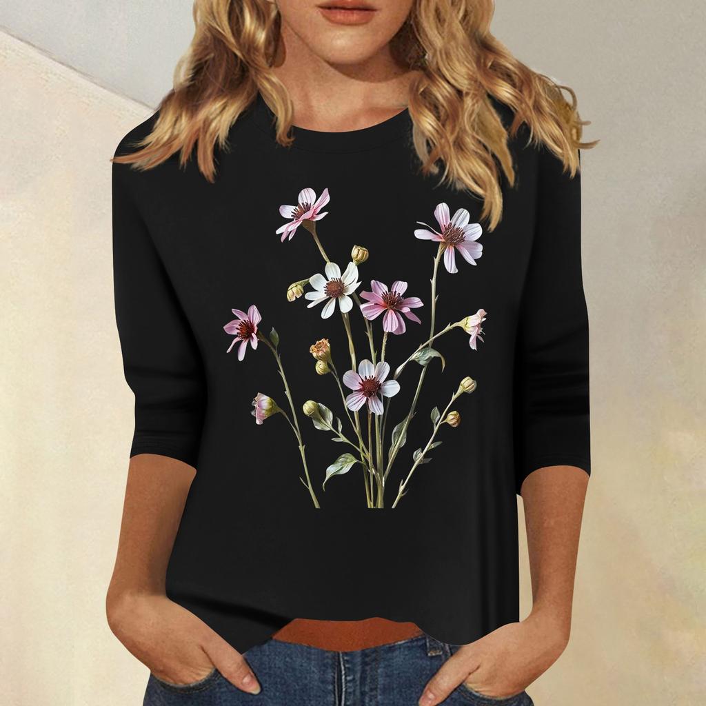 Women's Fashion Casual Printed Seven Sleeve Round Neck Top