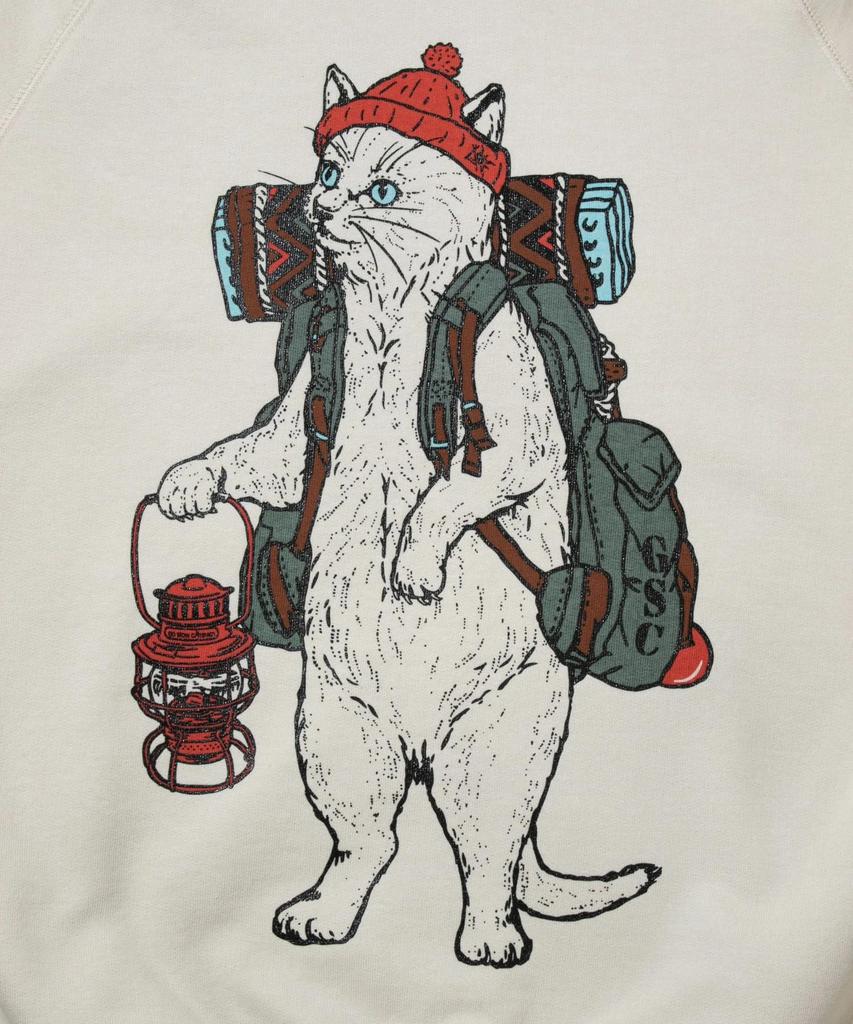 [go slow caravan] 332608 Air-Spun Fleece Pullover Hoodie with a "Camping Cat" Design, Ivory, Size L