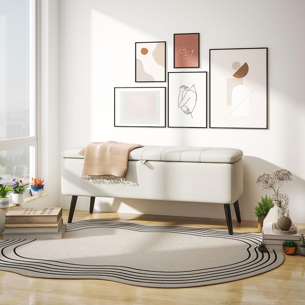 Linen Look 92 X 31cm Storage Ottoman Cream White