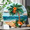 2D Flat 20*20cm1pc Tropical Beach Scenepalm Tree&colorful Flowers&waves Sign Door Signage, Blue Sky Beach Palm Tree Theme Wooden Round Wall Decor