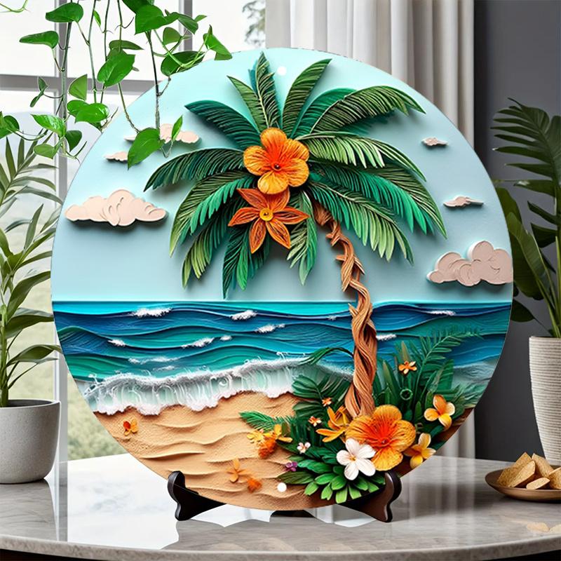 2D Flat 20*20cm1pc Tropical Beach Scenepalm Tree&colorful Flowers&waves Sign Door Signage, Blue Sky Beach Palm Tree Theme Wooden Round Wall Decor
