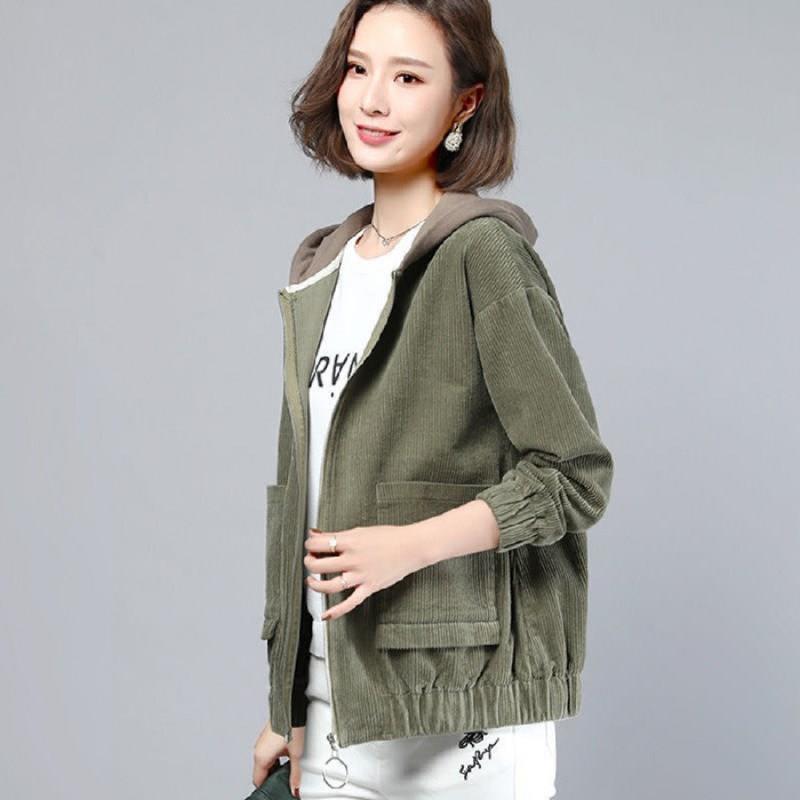 Women's Large Hooded Corduroy Jacket - Arctic Velvet, Autumn/Winter, Loose Fit, Korean Style, Perfect for Middle-aged Moms