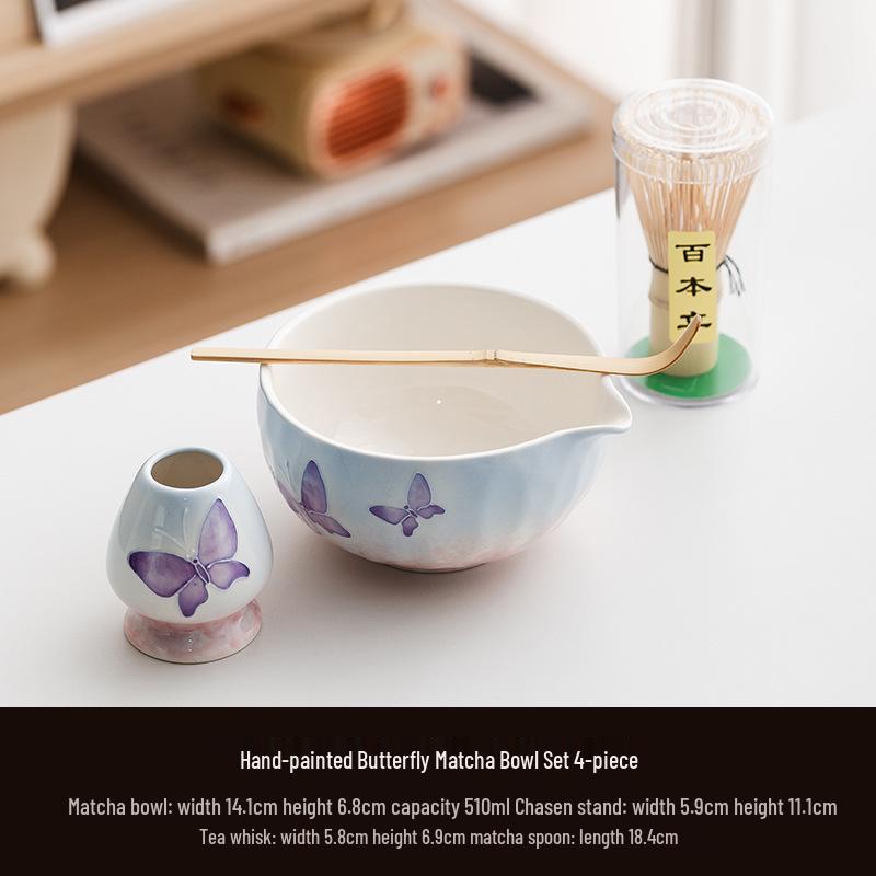 Handmade Japanese Cherry Blossom Matcha Bowl with Whisking Tool, Imitation Song Dynasty Tea Stirrer, and Hyakuhon-date Chasen Stand