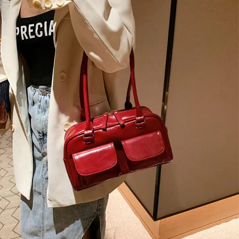 Retro Red Women's Satchel Hobo Bag Patent Leather Multi Pocket Luxury Designer Handbag Female Shoulder Underarm Bag Tote Purses