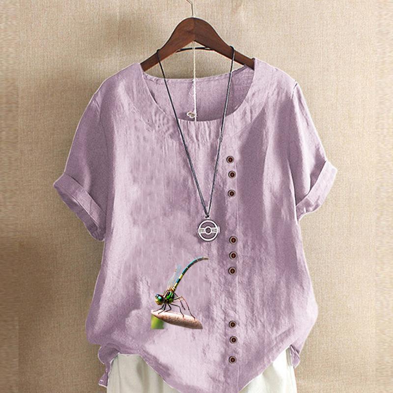 Women's Fashion Dragonfly Prined Round Neck Short Sleeve T-shirt Casual Cotton Linen Graphic Shirt Leisure Loose Summer Blouse Tops