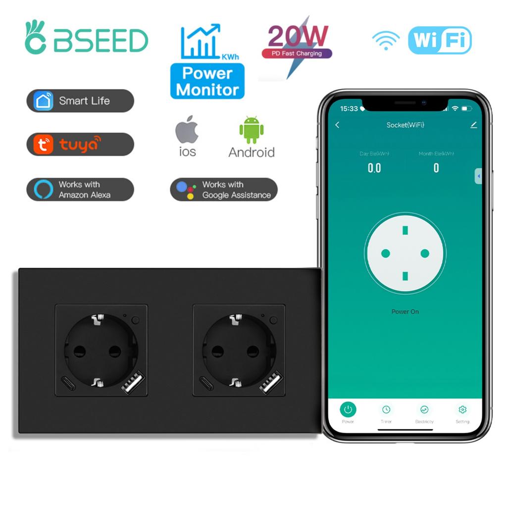BSEED Wifi EU Socket With Normal Type-c USB Fast Charging Ports Smart Sockets Support Tuya Smart Life Alexa App Plastic Frames
