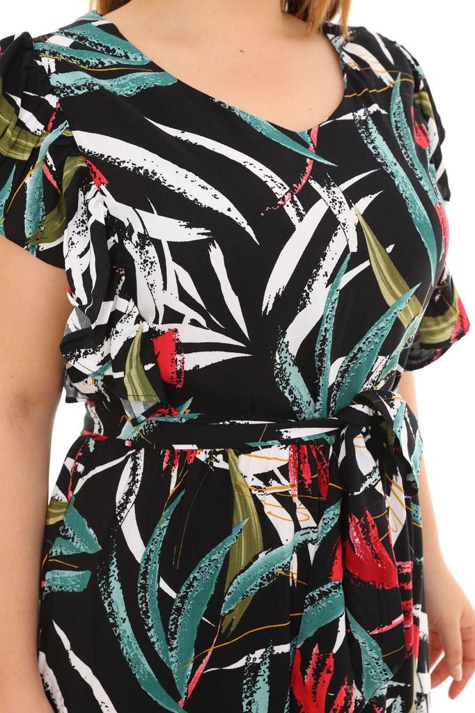 Женское платье большого размера, длинное вискозное платье с воланами, рукавами и круглым вырезом, поясом и цветочным узором