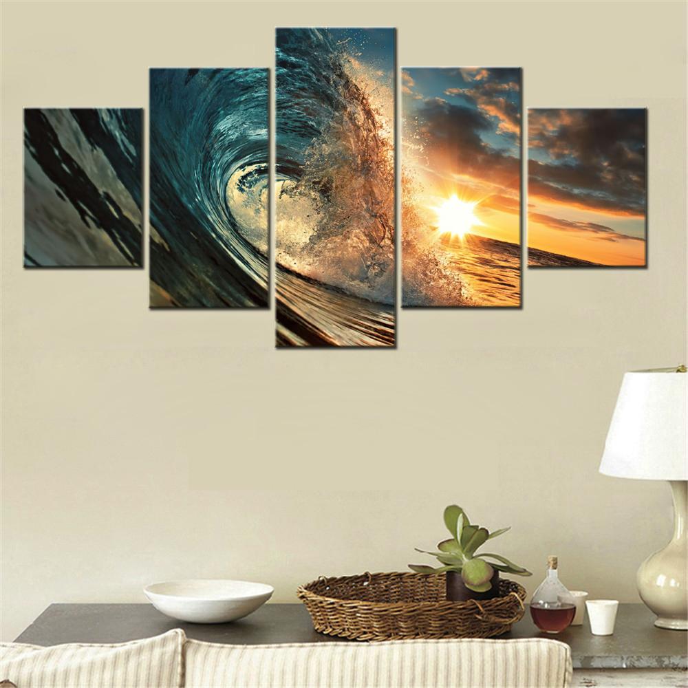5 Pieces Canvas Wall Arts Poster Paitning Nature Ocean Waves Sunset Wallpaper Modern Home Decor Picture Printing Mural Artwork