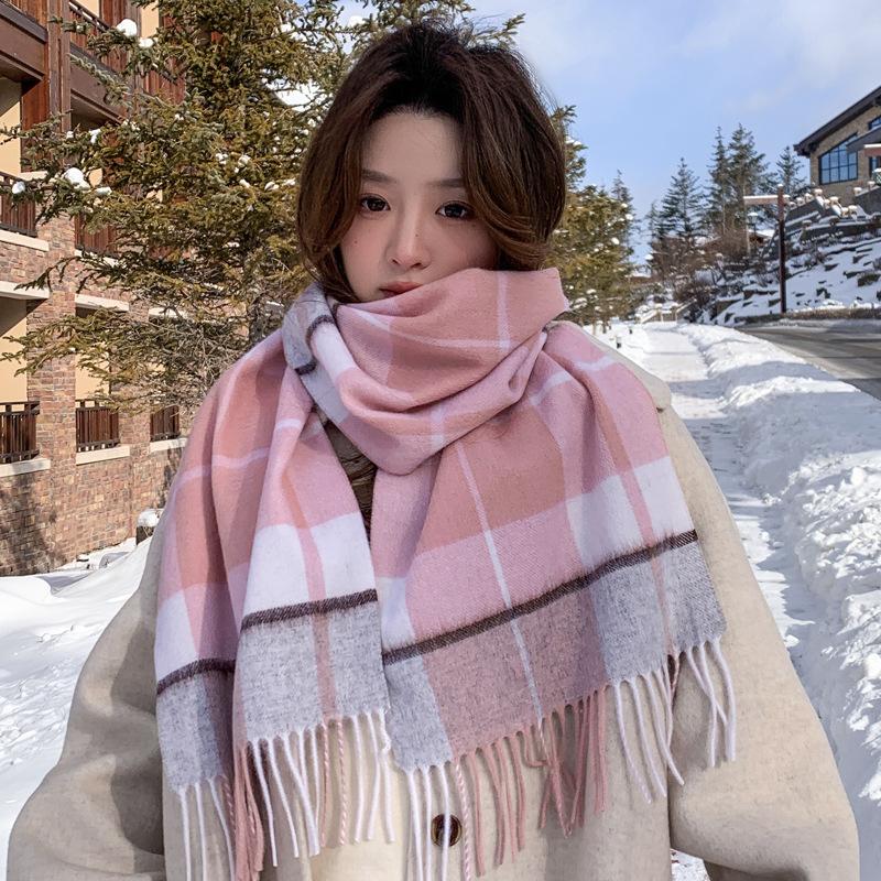 Pink Pure Wool Scarf Women's Winter New Atmosphere Plaid Cashmere Scarf for Girlfriend's Birthday Gift