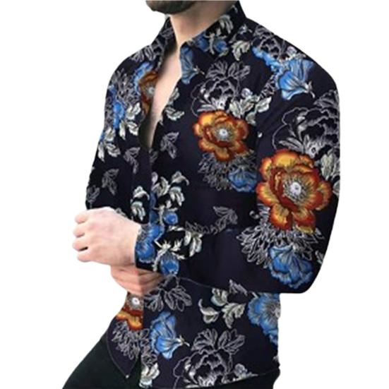 Привлекательная мужская рубашка тонкой работы, полиэстер, длинный рукав, цветочный узор, мужская рубашка-топ на каждый день