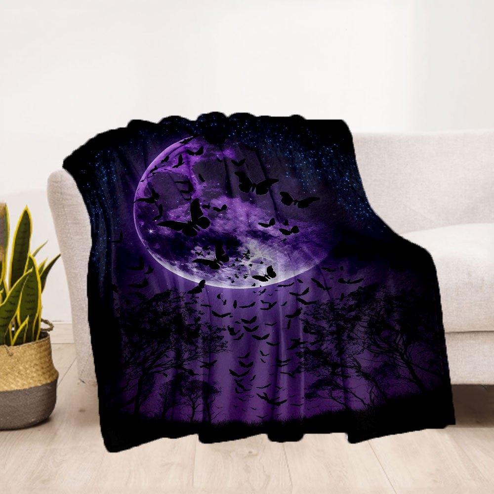 Purple Moon Butterfly Wall Art Print Poster DecorBlanket Flannel Throw Blanket for Sofa, Bed, Travel, Camping, Office